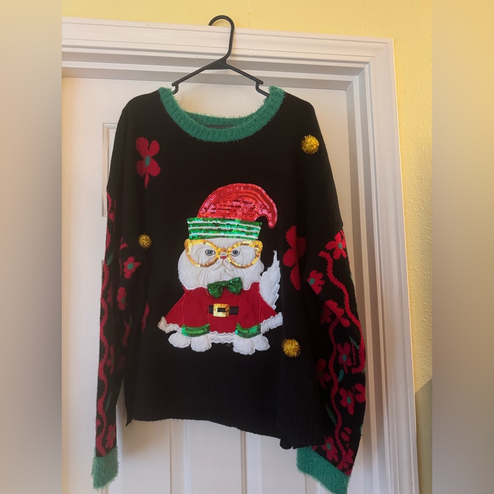 33 Degrees Festive/Ugly Black Sweater with  Furry Santa Cat Design